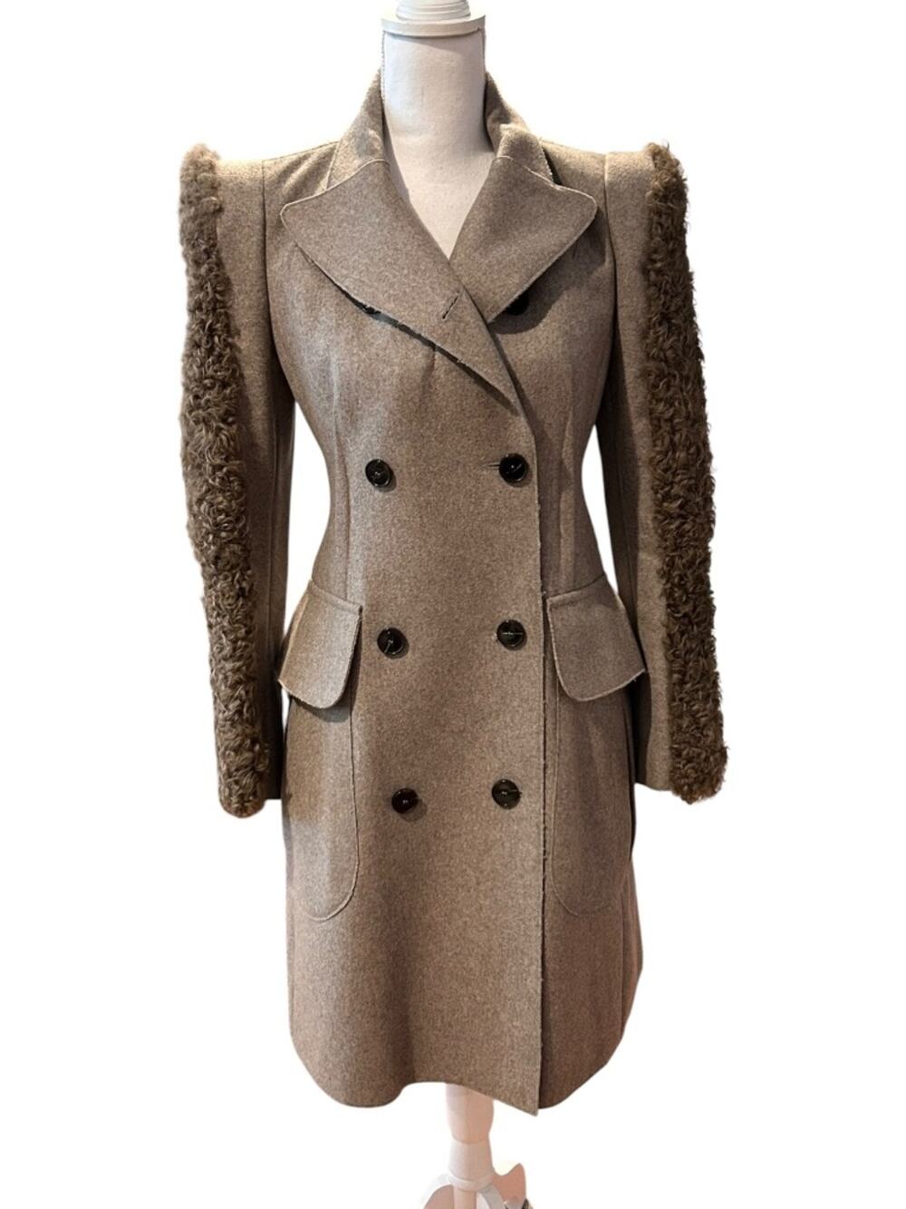 Carven Wool Blend Coat Kalgan Sleeves Double Breasted Taupe Grey EU 38